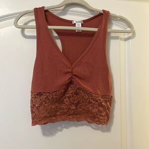 Bozzolo Orange Cropped Top With See Through Lace Size L